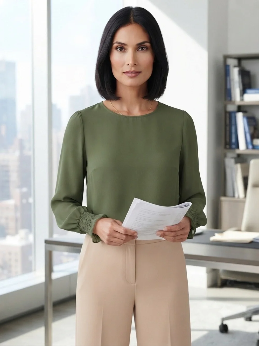 J. Crew Olive Green Long-Sleeve Crewneck Blouse with Puffed Rouched Cuff